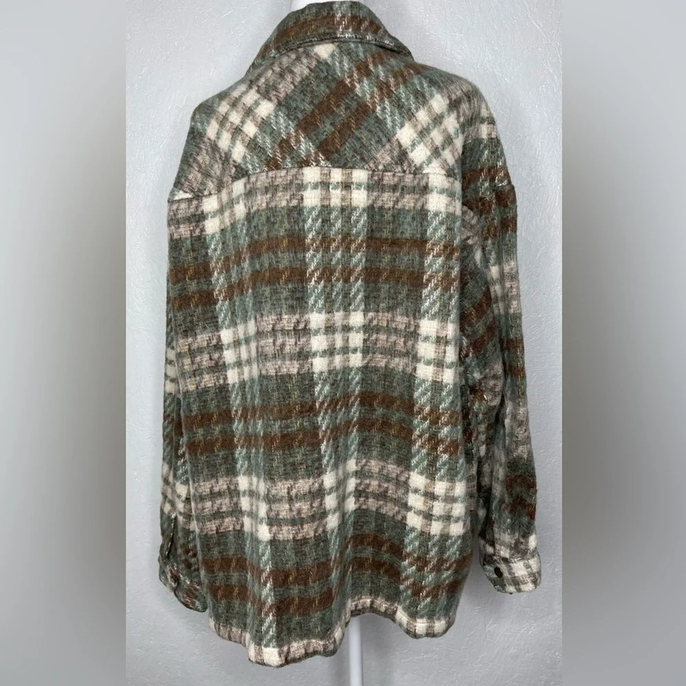 Plaid Women's Jacket in Green Brown Button Up Pockets Fall Woods Cozy Size XL
